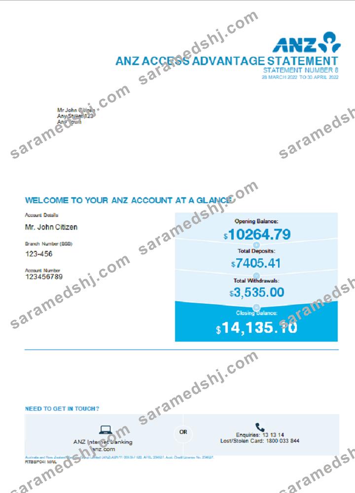 Australia ANZ bank statement, Word and PDF template